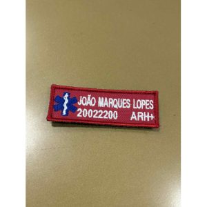 NOME BORDADO DE VELCRO COM EMBLEMA DA INEM, NÚMERO E GRUPO SANGUÍNEO