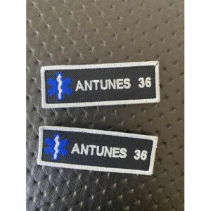 NOME BORDADO DE VELCRO COM EMBLEMA DA INEM, NÚMERO E REBORDO